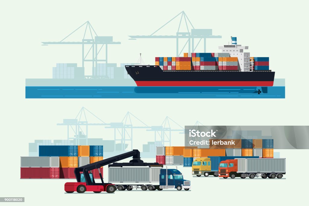 Cargo logistics truck and transportation container ship with working crane import export transport industry. illustration vector Harbor stock vector