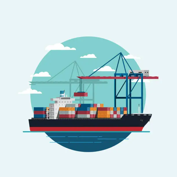 Vector illustration of Cargo logistics being loaded container ship with working crane import export transport industry. icon Vector illustration