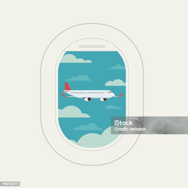 View Plane Window See Plane Fly At Travel Sky And Clound Background Bule Vector Illustration Stock Illustration - Download Image Now