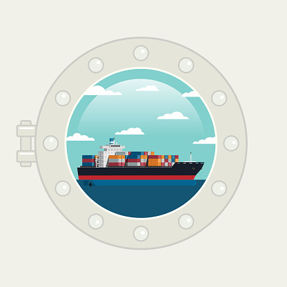 Ship porthole window cargo ship at ocean. icon Vector illustration