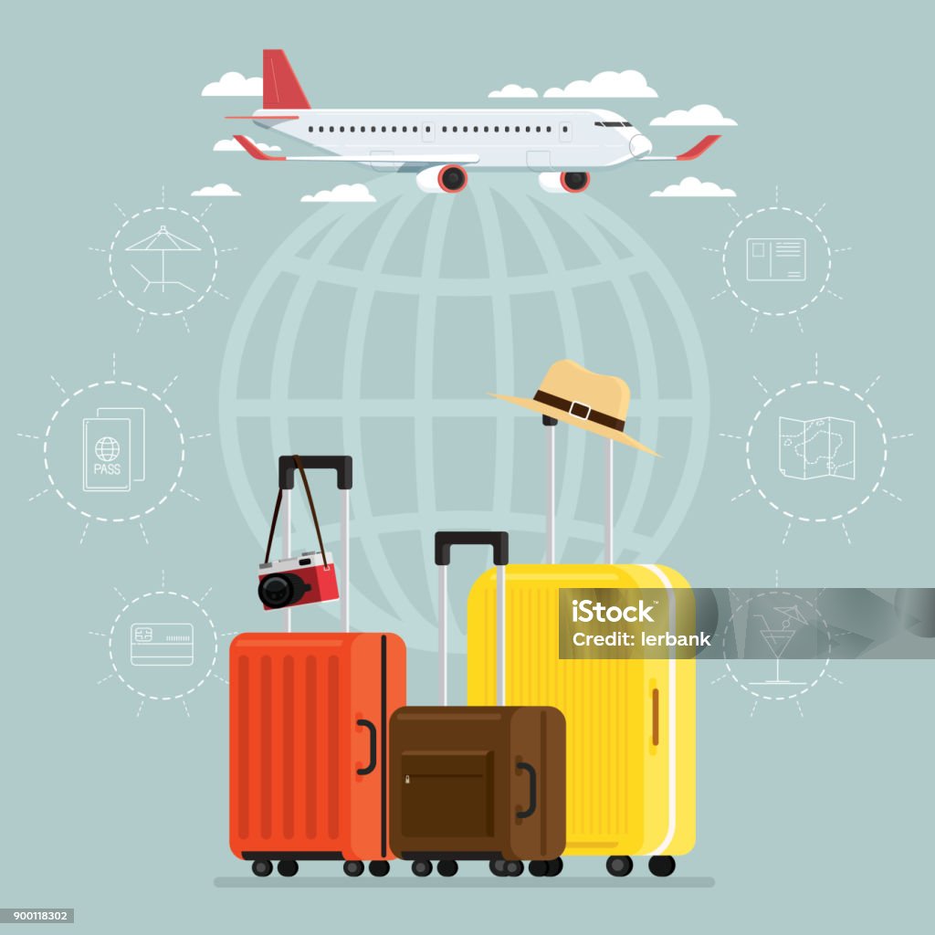 Avião e partidas viagens céu e viagem malas, ilustração vetorial - Vetor de Bagagem royalty-free