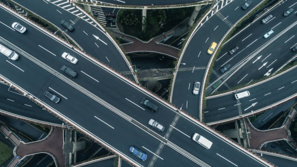 istock Highway junction aerial view on a cloudy day 900118760