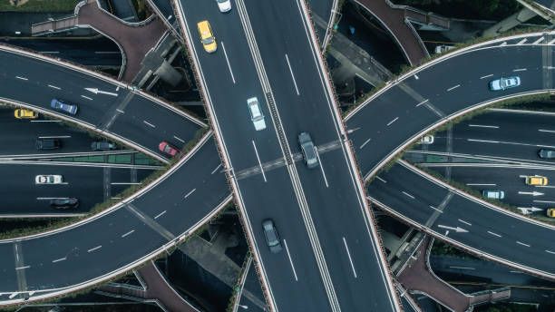 istock Highway junction aerial view on a cloudy day 900118768