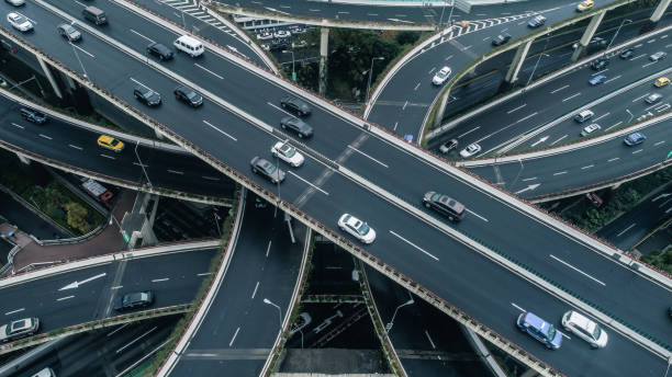istock Highway junction aerial view on a cloudy day 900118782