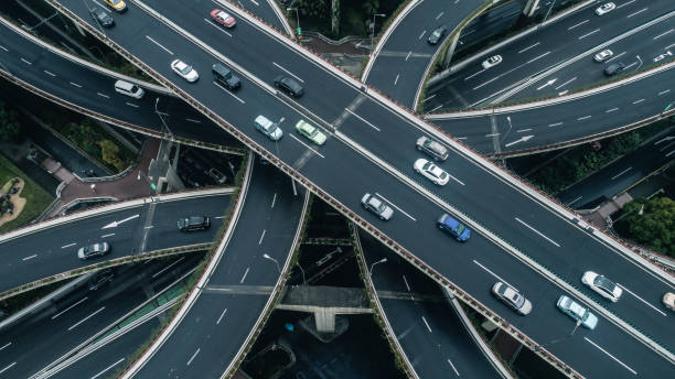 istock Highway junction aerial view on a cloudy day 900118788