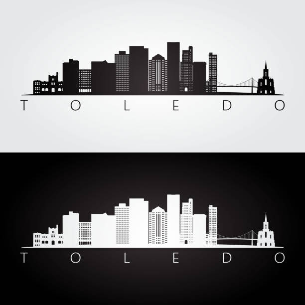 ilustrações de stock, clip art, desenhos animados e ícones de toledo usa skyline and landmarks silhouette, black and white design, vector illustration. - toledo