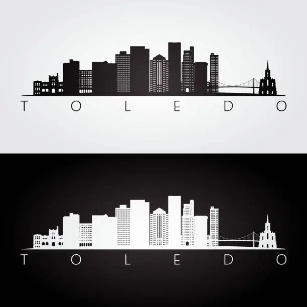 Vector illustration of Toledo usa skyline and landmarks silhouette, black and white design, vector illustration.