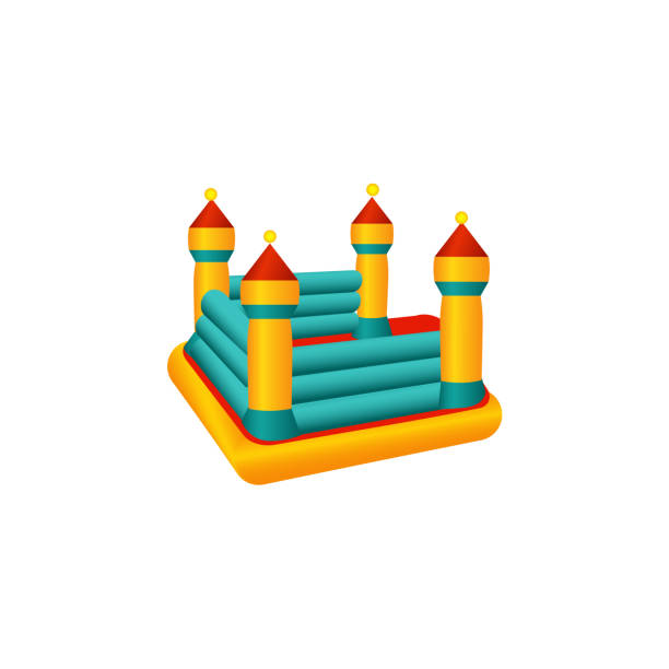 illustrazioni stock, clip art, cartoni animati e icone di tendenza di vettore piatto gonfiabile trampolino castello - inflatable castle play playground