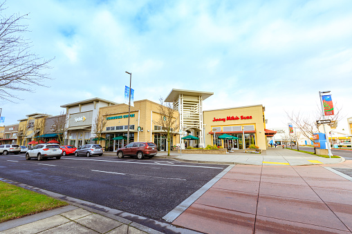 Portland, Oregon, United States - Dec 24, 2017 : Cascade Station Shopping Center at rainy day. it is located in Northeast Portland
