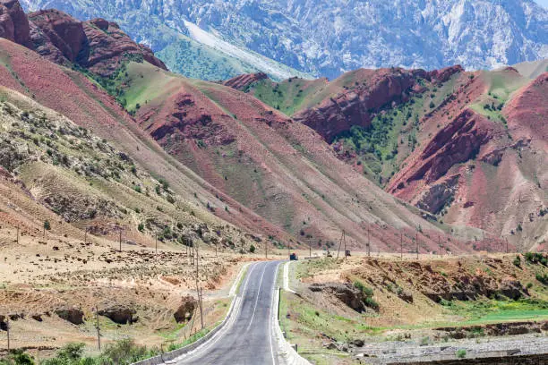 OSH, KYRGYZSTAN - CIRCA JUNE 2017: Road from Osh to Sara Tash in Kyrgyzstan circa June 2017 in Osh.
