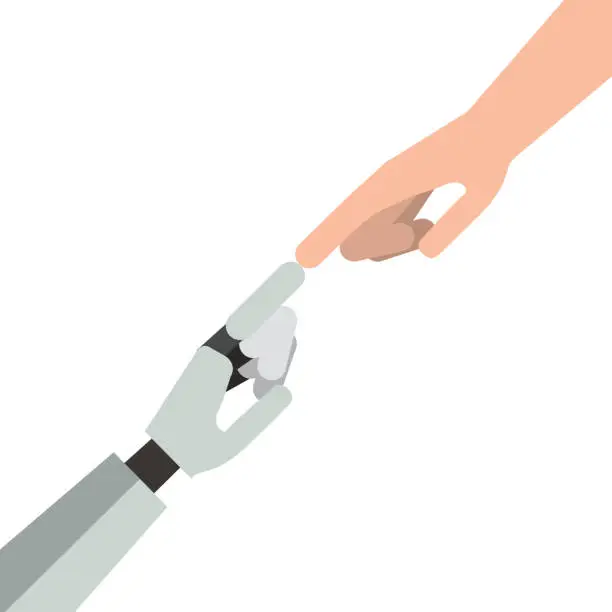 Vector illustration of human hand with robot hand