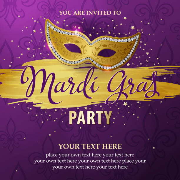 An invitation to the Mardi Gras Masquerade Party with shiny golden mask on the purple colored background