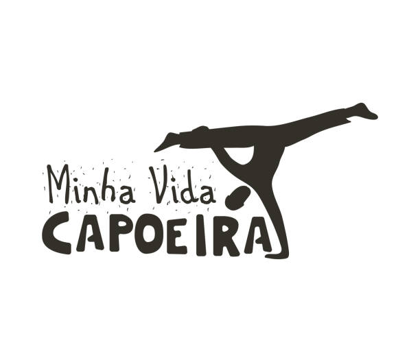 Capoeira music poster Capoeira music icon. Traditional rhythm, style of play, and drum tune energy of a brazil game with instruments, clapping, and singing. Vector flat style black and white illustration acrobatic gymnastics stock illustrations