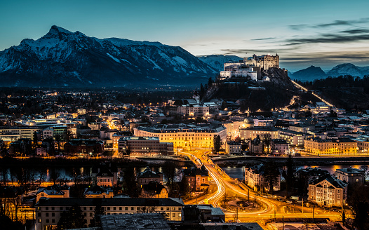 Salzburg, Austria. Panorama sight to the old city of Salzburg in Winter at blue hour. View from Kapuziner Berg.