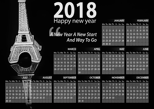 calendar 2018 happy new year with eiffel tower background