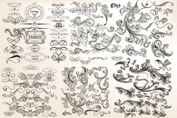 Big collection or set of vector vintage flourishes for design in antique style. Huge pack Huge mega collection of vector decorative flourishes for design filigree illustrations stock illustrations