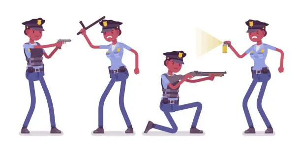 Vector illustration of Young policewoman at attack and defense