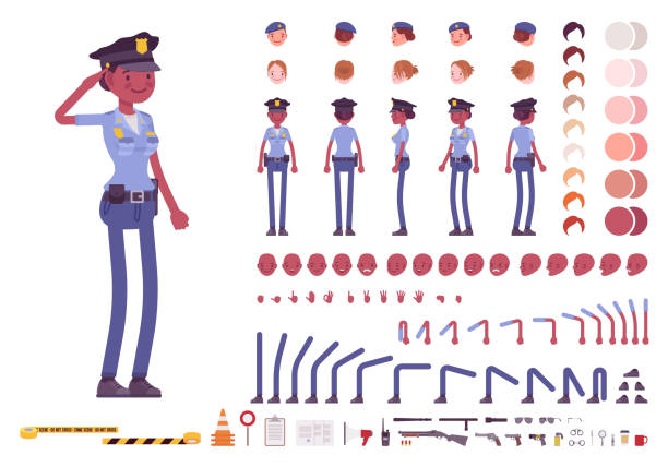 illustrazioni stock, clip art, cartoni animati e icone di tendenza di giovane set di creazione di personaggi poliziotta nera - uniforme militare