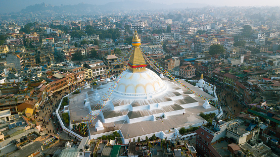 Temple Stupa from air: Kathmandu, Nepal - October 26, 2017 - Bodhnath is the largest buddhist stupa in Nepal video from Mavic drone