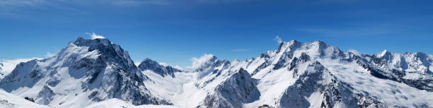 istock Panoramic view of snow-capped mountain peaks 900168252