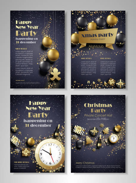 Christmas and New Year flyer brochure Merry Christmas and Happy New Year party flyer, brochure, holiday invitation, corporate celebration. Christmas ornaments, balls, gifts, champagne, snowflakes, confetti, tinsel on black background. Vector illustration. new years eve party stock illustrations