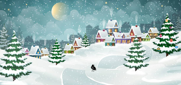 ilustrações de stock, clip art, desenhos animados e ícones de winter village landscape - christmas village urban scene winter
