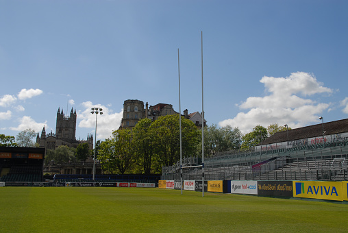 Bath, United Kingdom - May 9, 2015: Rugby stadium and Bath Abbey