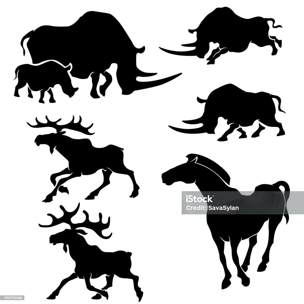 animals silhouettes Wild animals silhouettes of set on black background. Rhino, moose, horse. Vector illustration. Head stock vector