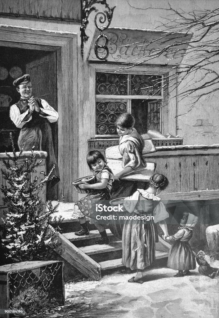 Baker welcomes children in front of the bakery - 1896 Baker - Occupation stock illustration