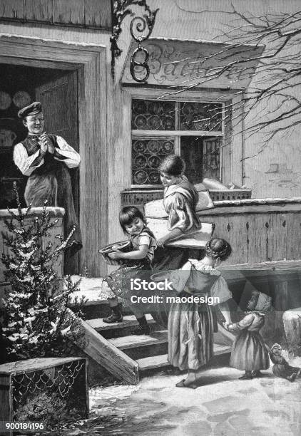 Baker Welcomes Children In Front Of The Bakery 1896 Stock Illustration - Download Image Now