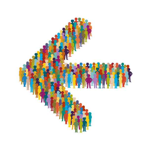 ilustrações de stock, clip art, desenhos animados e ícones de vector crowd of people standing as shape of left arrow sign - copy space left