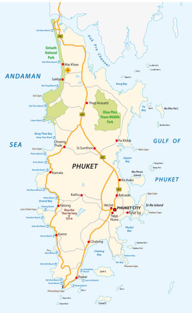 ilustrações, clipart, desenhos animados e ícones de phuket detalhadas estrada e praia vetor mapa - phuket province