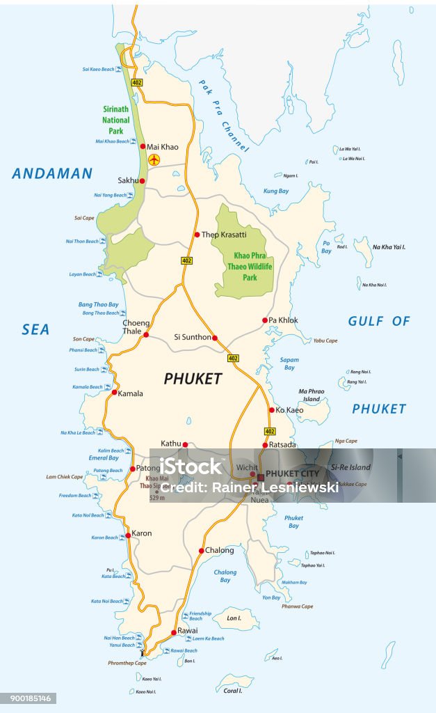 Detailed phuket road and beach vector map Detailed phuket road and beach vector map. Phuket Island stock vector