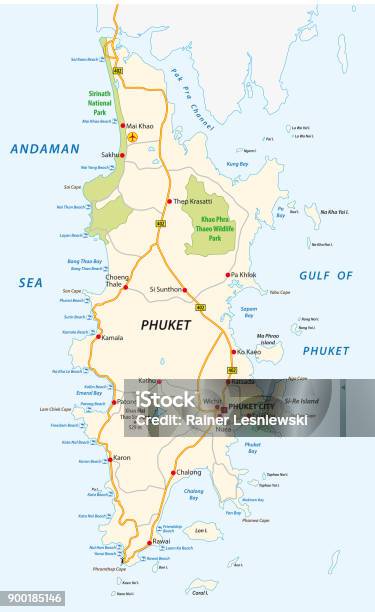 Detailed Phuket Road And Beach Vector Map Stock Illustration - Download Image Now - Phuket Island, Map, Beach