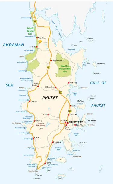 Vector illustration of Detailed phuket road and beach vector map