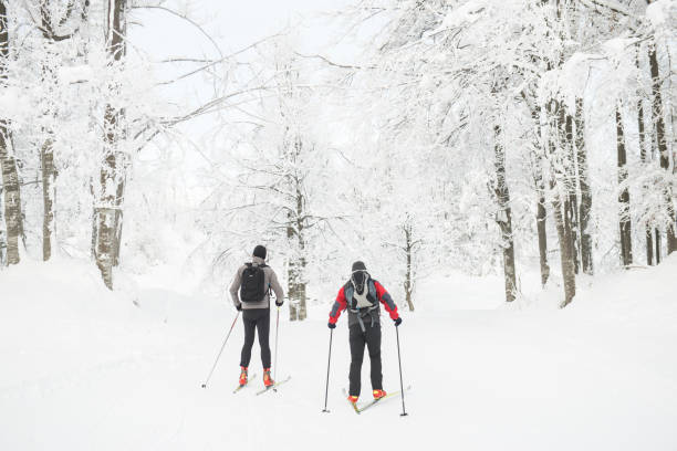 Two Senior Men Cross-Country Skiing in Foggy Weather, Europe Two senior friends cross-country skiing in Julian Alps, foggy weather, Slovenia. primorska white sport nature stock pictures, royalty-free photos & images