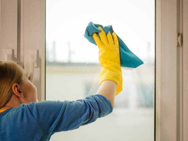 istock Girl cleaning window at home using detergent rag 900188324