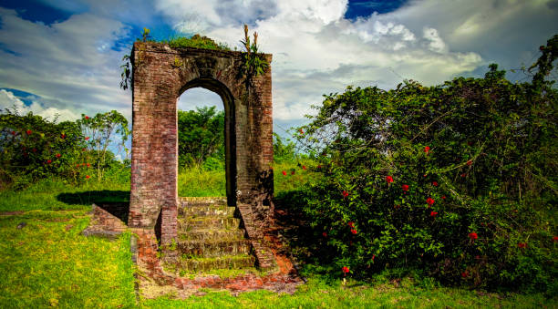 Ruins of Kai-Kover-All fort on the Kykoveral island in Essequibo delta,Cuyuni-Mazaruni in Guyana Ruins of Kai-Kover-All fort on the Kykoveral island at Essequibo delta,Cuyuni-Mazaruni in Guyana guyana photos stock pictures, royalty-free photos & images