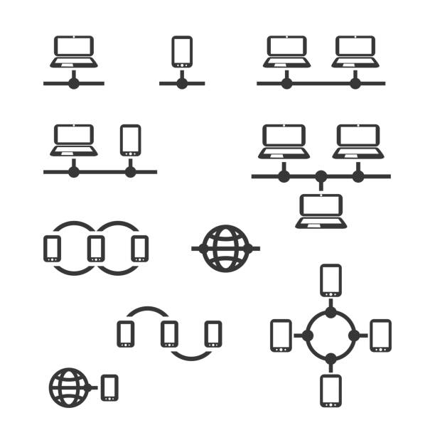 сетевые соединения, интернет, мобильные сети - набор иконок - computer network topology stock illustrations