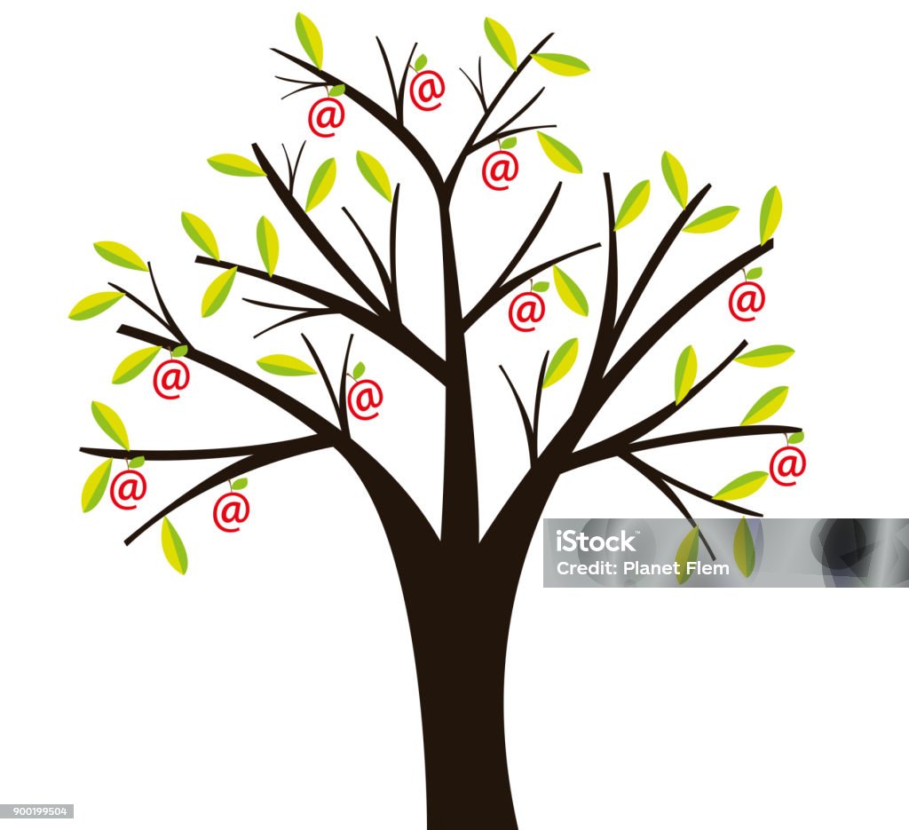 Growings contacts A tree where email contacts grow. 'at' Symbol stock vector