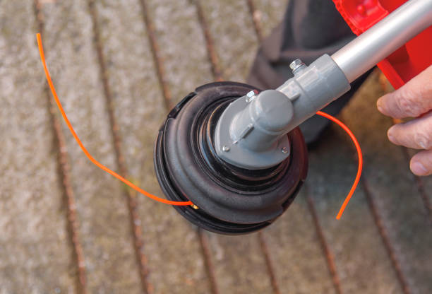 istock Lawnmower head trimmer for grass like garden machine holding by a man 900200256