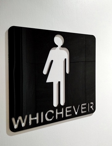 A 'whichever' sign and symbol, to inform people that all genders are welcome to use the bathroom.