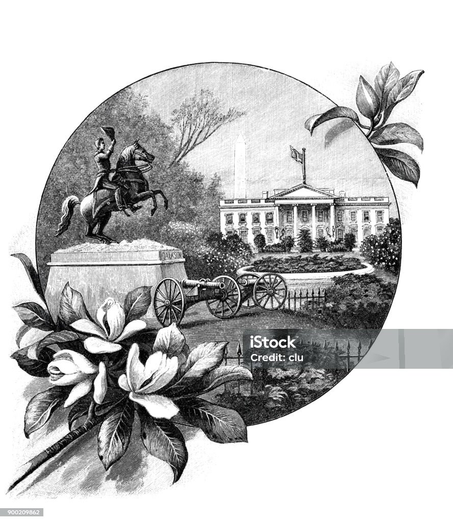 The white house in Washington and the Jackson Statue Illustration from 19th century Jackson Memorial Hospital stock illustration