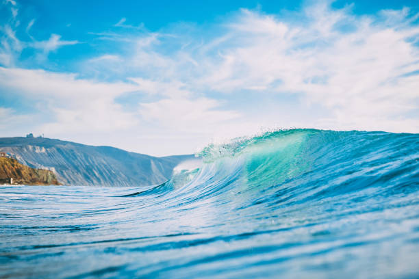 istock Blue wave in ocean. Barrel wave for surfing, sun light and shore 900213604