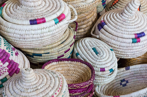 Handmade baskets on display Fes el Bali Morocco