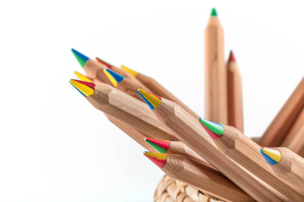 Color pencils in basket isolated white background horizontal shot