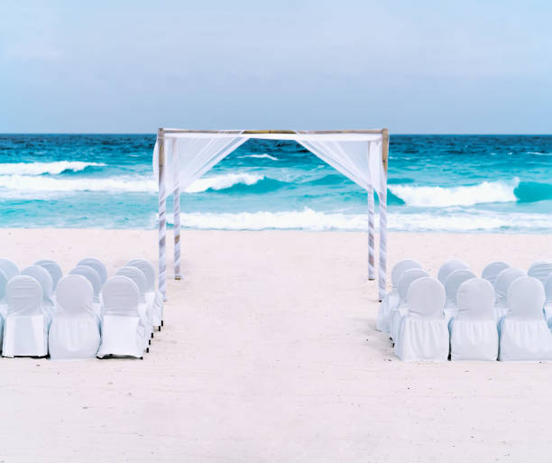 istock Gazebo and chairs set up for a romantic beach wedding 900250408