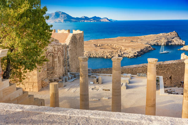 Staircase of the Propylaea and Church of St. John on the Acropolis of Lindos (Rhodes, Greece) Staircase of the Propylaea and Church of St. John on the Acropolis of Lindos (Rhodes, Greece) attica stock pictures, royalty-free photos & images