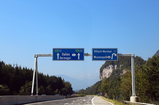 Road Sign in Austria near Villach City and the italian border