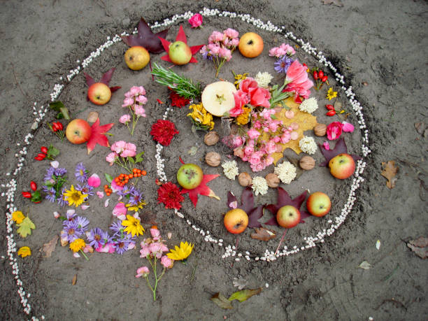 Magic spiral works. Witchcraft and wicca altar, pagan religion.